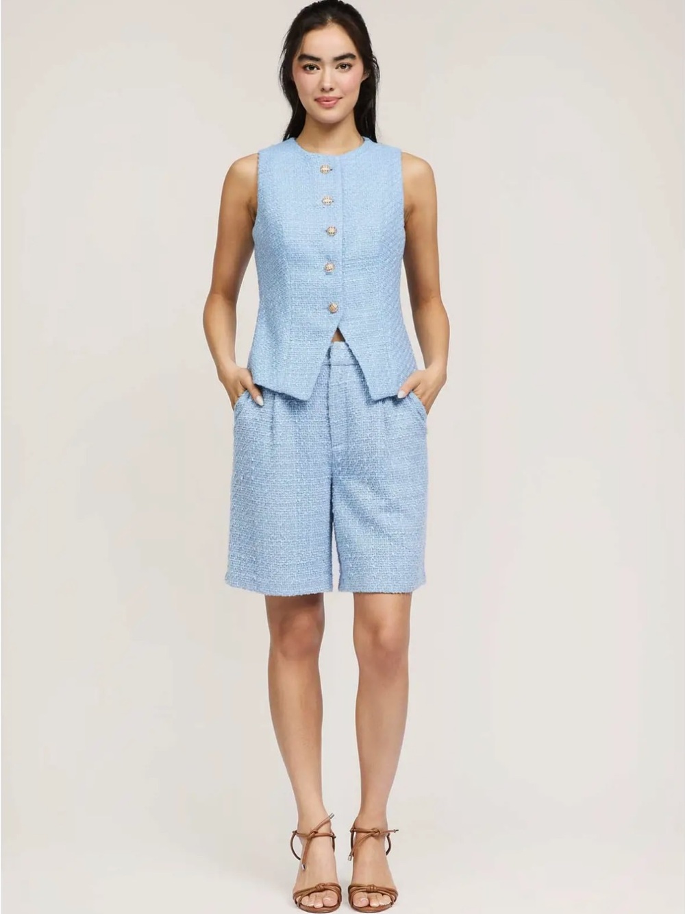 NWT Current Air Textured Tweed Blue Two-Piece Set Sleeveless Top & Shorts Jorts